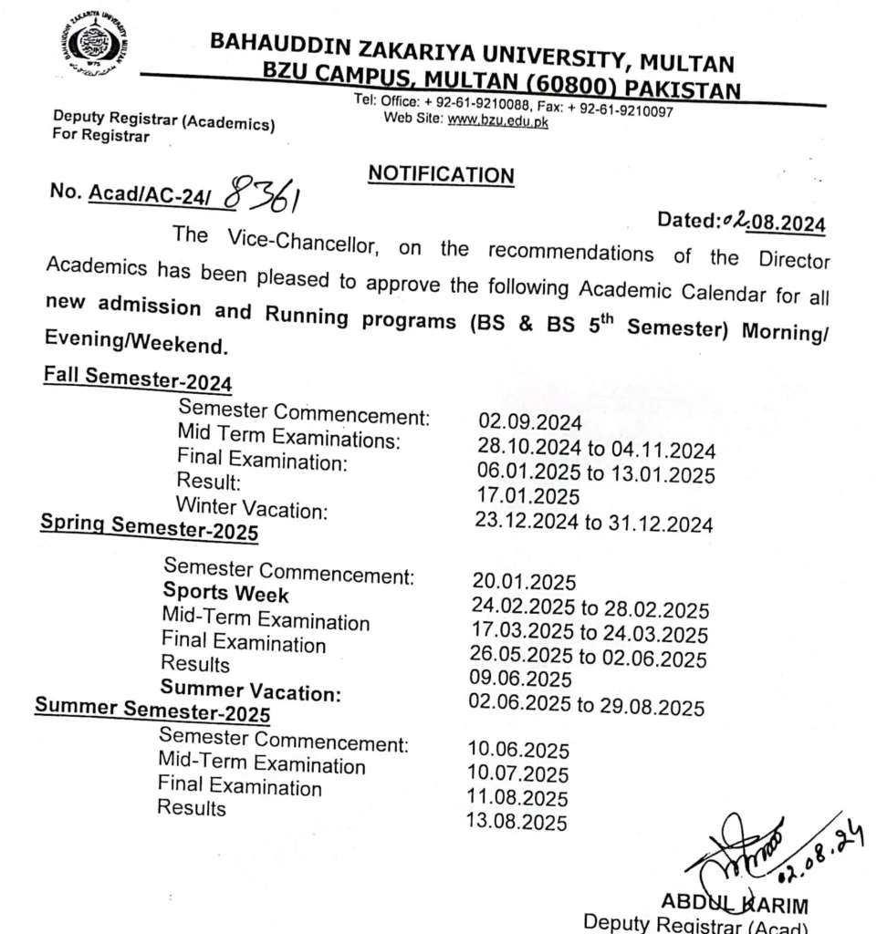 BZU Multan Academic Calendar 2024